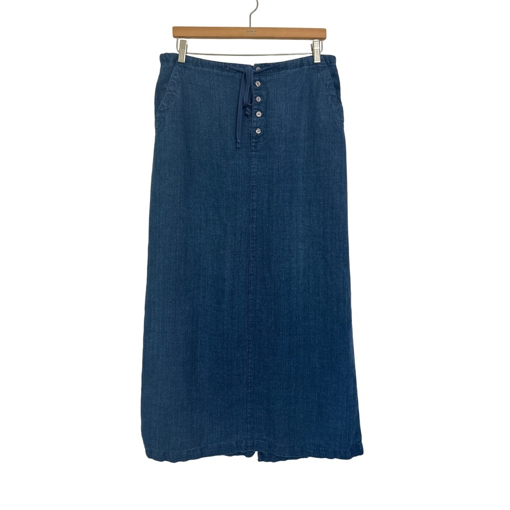 Vintage Eddie Bauer Y2K 100% Linen Denim Look Maxi Skirt 12 14T Navy Blue Boho